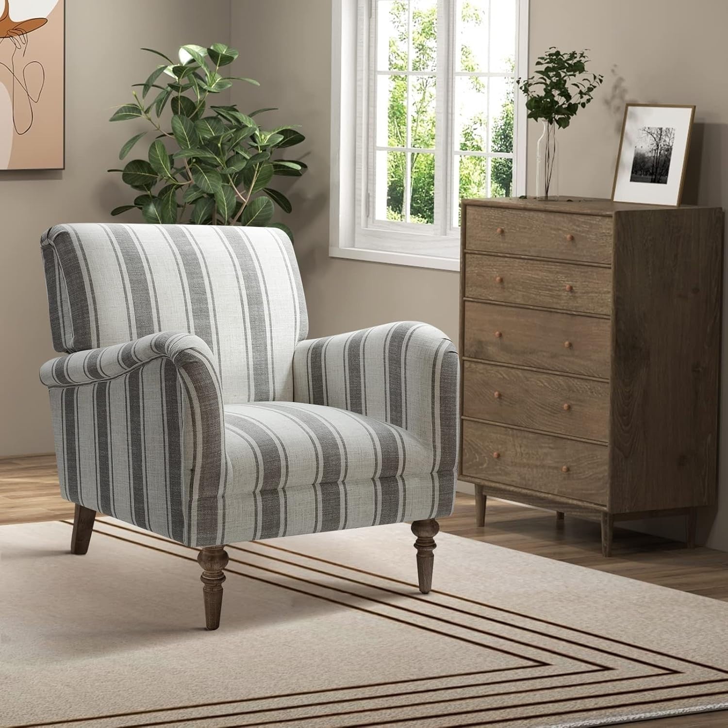 Striped Upholstered Armchair with Wooden Legs for Lounge or Bedroom Grey