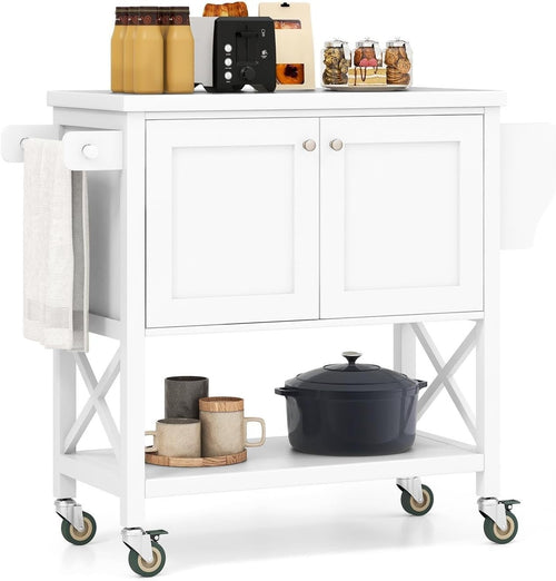 White Rolling Kitchen Trolley with Cabinet, Spice Rack & Wheels 103x40x88cm