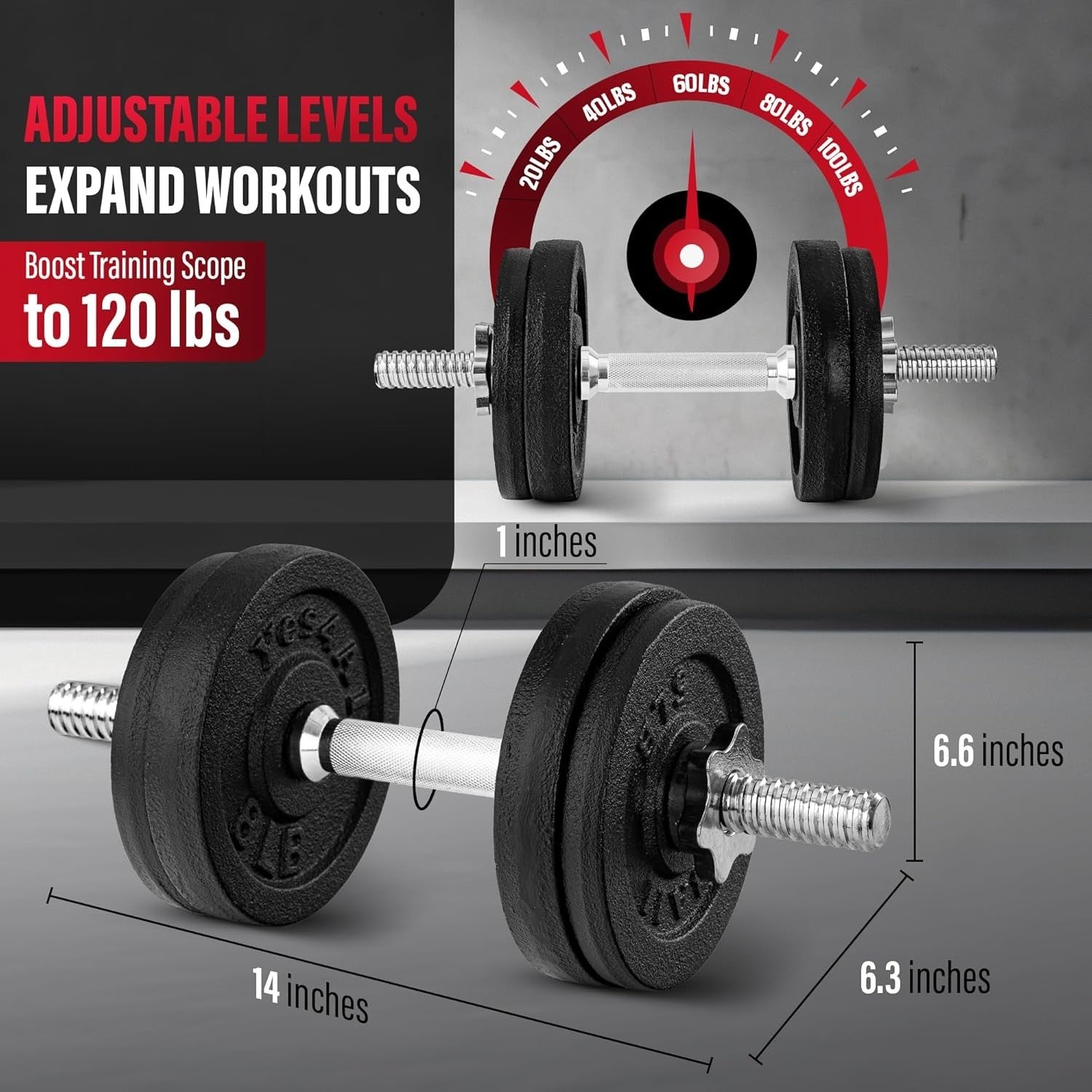 Adjustable Dumbbell Barbell Set 60LB Free Weights Cast Iron Home Gym