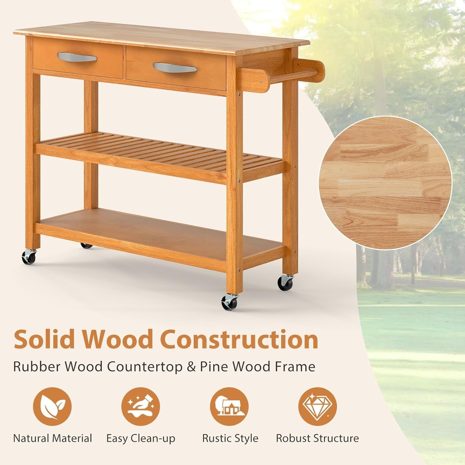 Natural Wood Kitchen Island Trolley 116x43x89cm w/ Drawers & Wheels