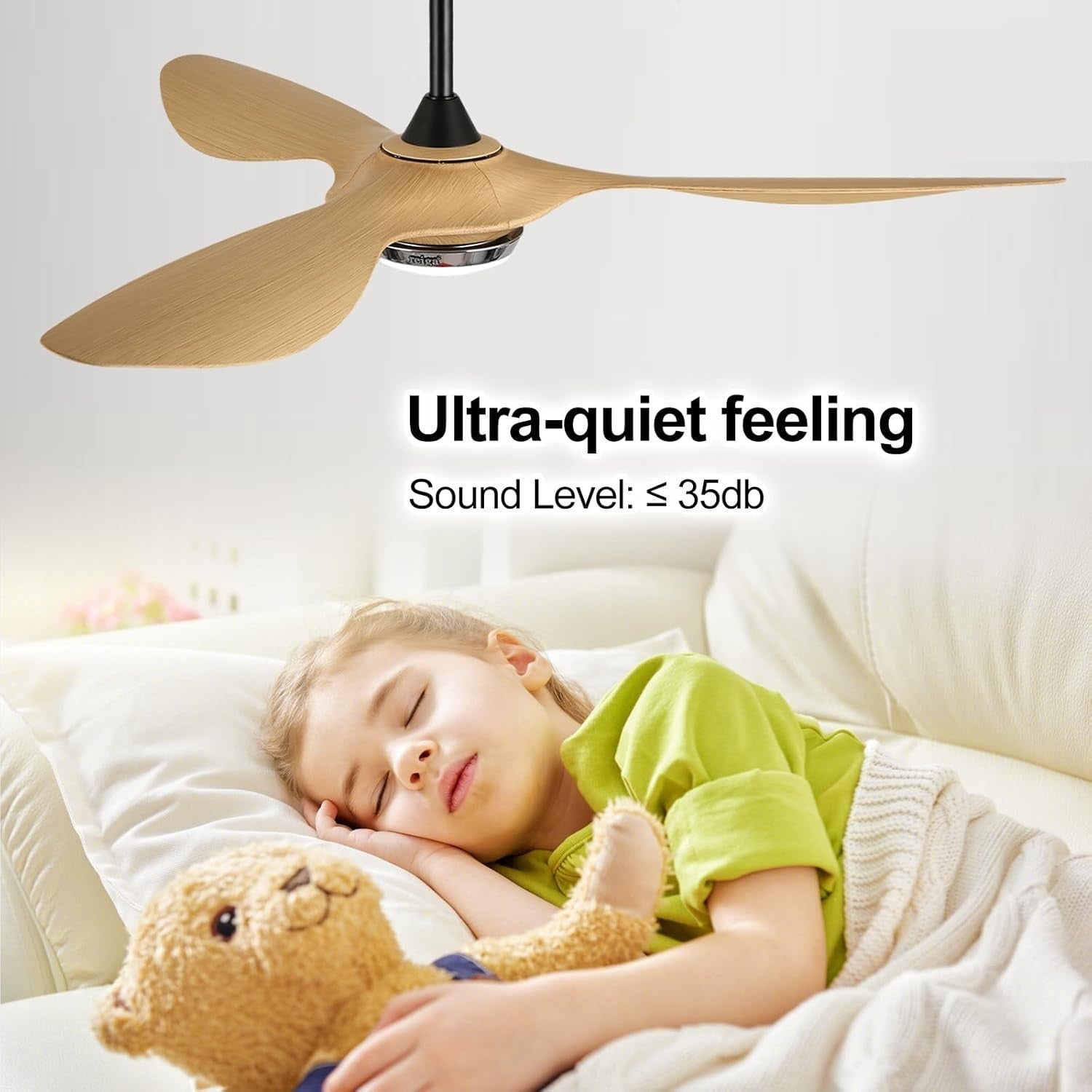 52" Ceiling Fan with Lights Natural Blades Black Motor 35W 6 Speeds