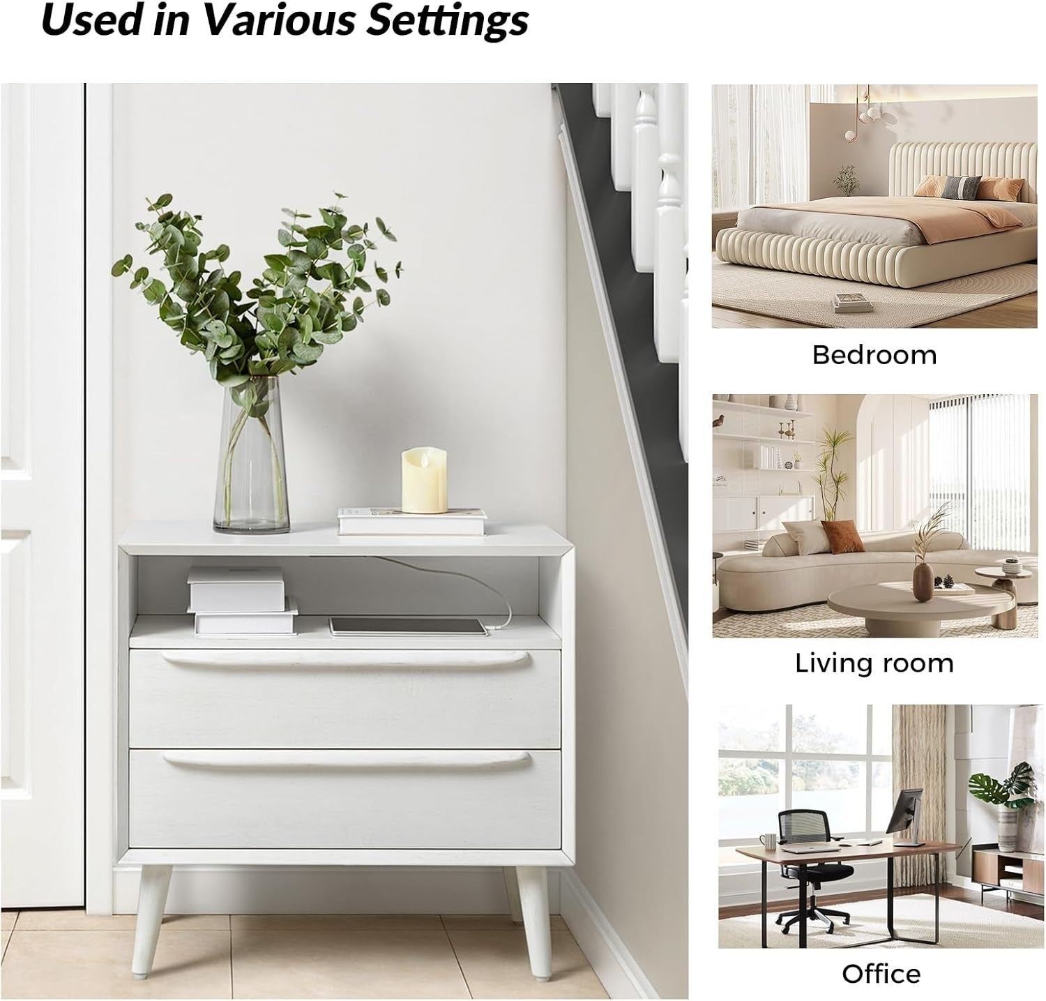 White Wooden Bedside Table with 2 Drawers & Open Shelf – Mid-Century Modern