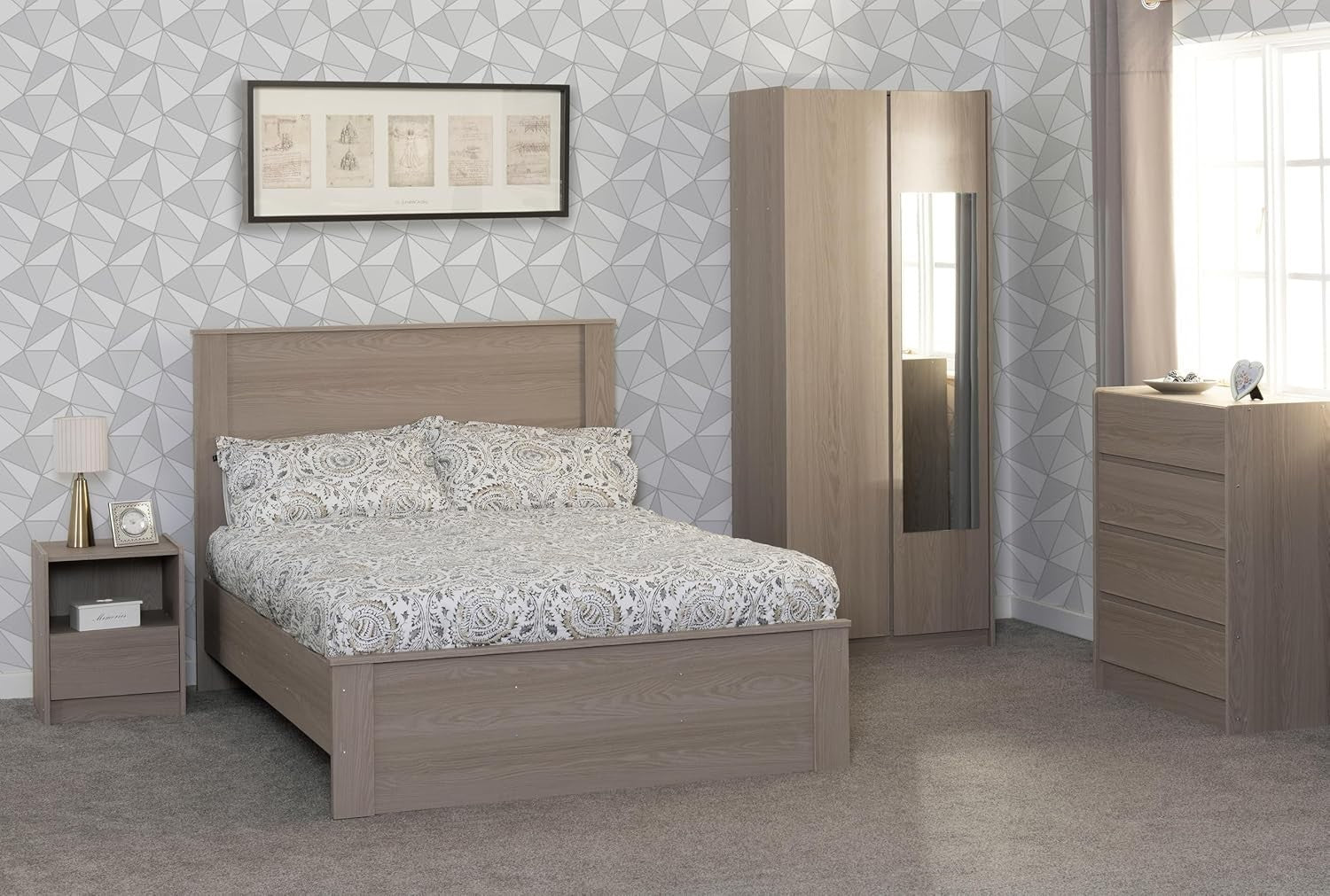 2 Door Mirrored Wardrobe Smoked Ash Effect Bedroom Storage with Rail