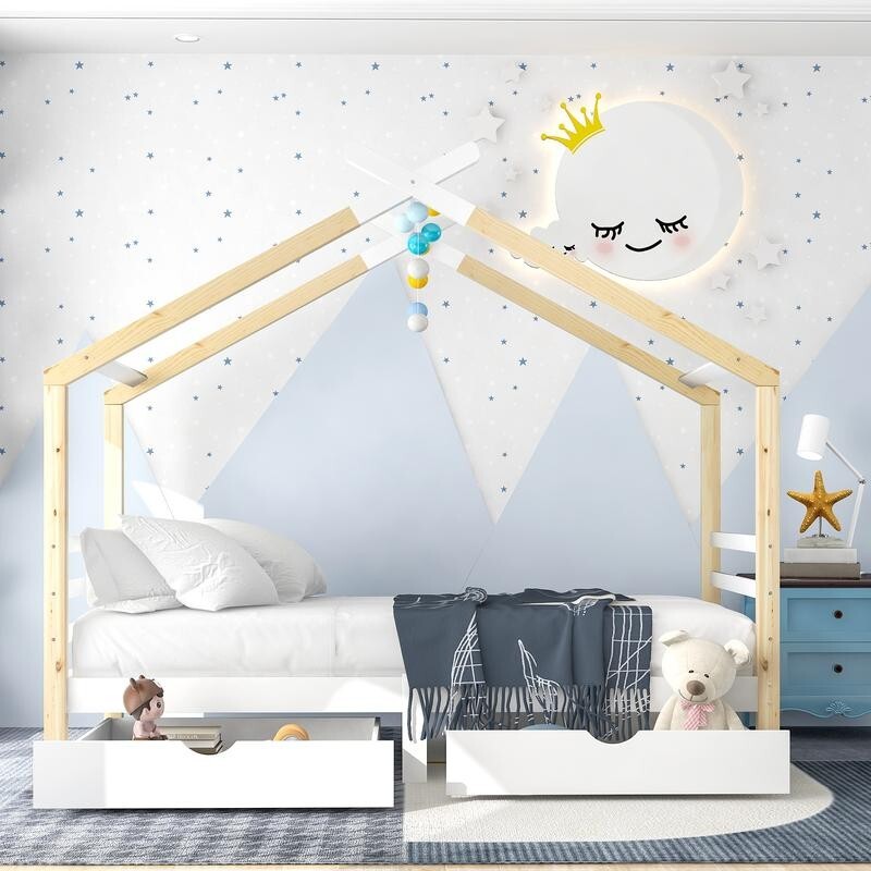 3FT Kids House Bed with Storage Drawers Solid Wood Teepee Frame Toddler Single B