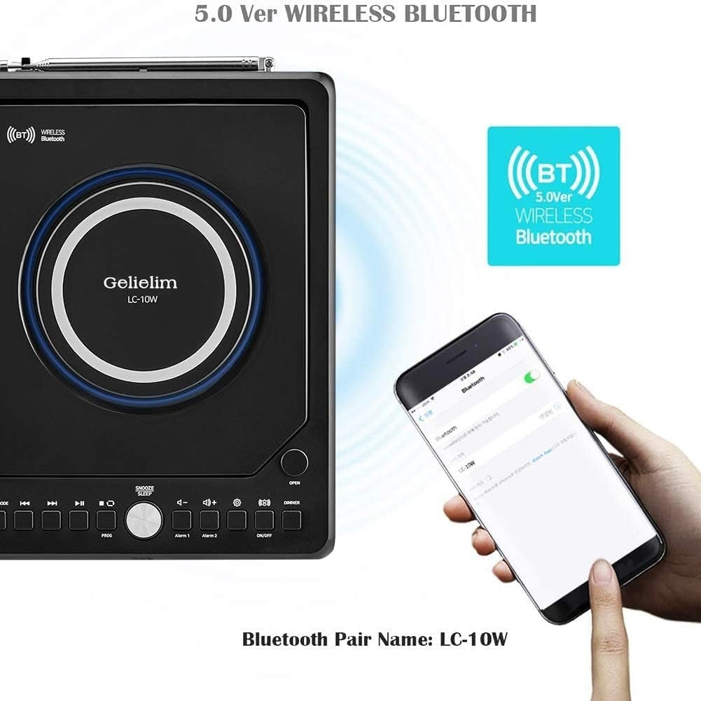 Bluetooth CD Player Boombox Alarm Clock FM Radio Wireless Charging LED