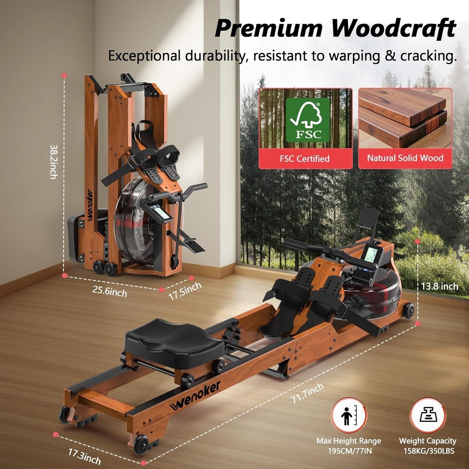 Foldable Wooden Water Rowing Machine 6-Level Resistance Bluetooth LCD Home Rower