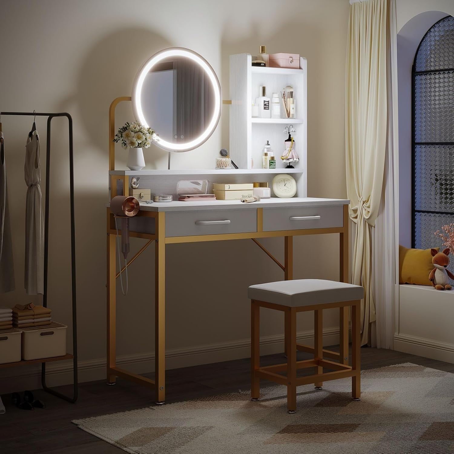Makeup Vanity Desk Dressing Table with Adjustable LED Light Mirror & Storage Whi