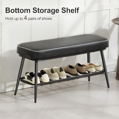 Charcoal Grey PU Leather Shoe Storage Bench with Cushion Seat & Metal Frame