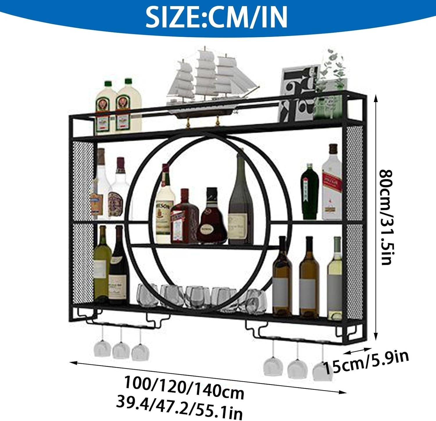 Gold Wall Mounted Wine Rack 120cm Bar Shelf with Glass Holders & Bottle Storage