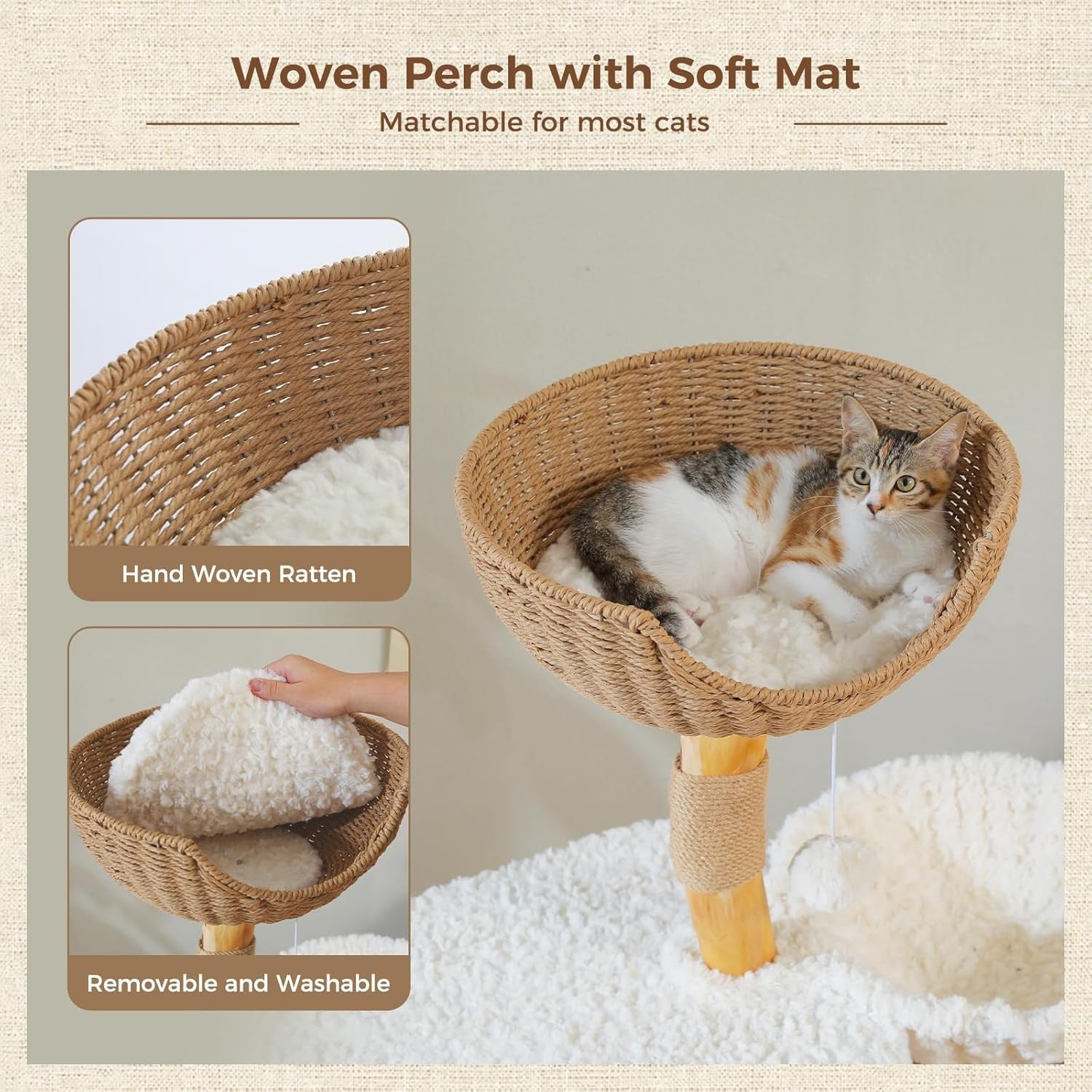 Cat Tree Tower 120cm Solid Wood Rattan Basket Condo Modern Indoor Cats
