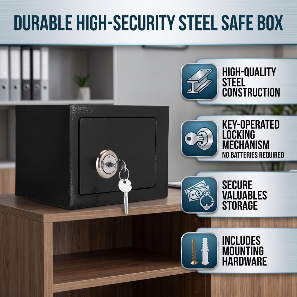 Small Steel Safe Box Key Lock Security Cash Jewelry Document Storage