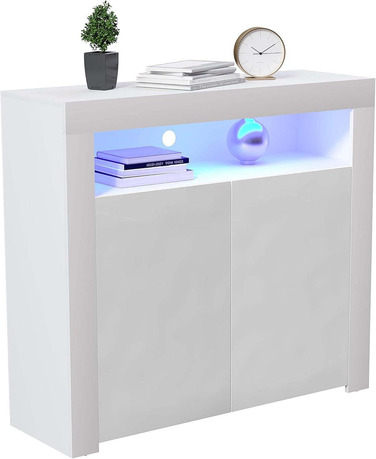Modern White LED Sideboard 2 Doors Magnetic Storage Cabinet RGB Lighting
