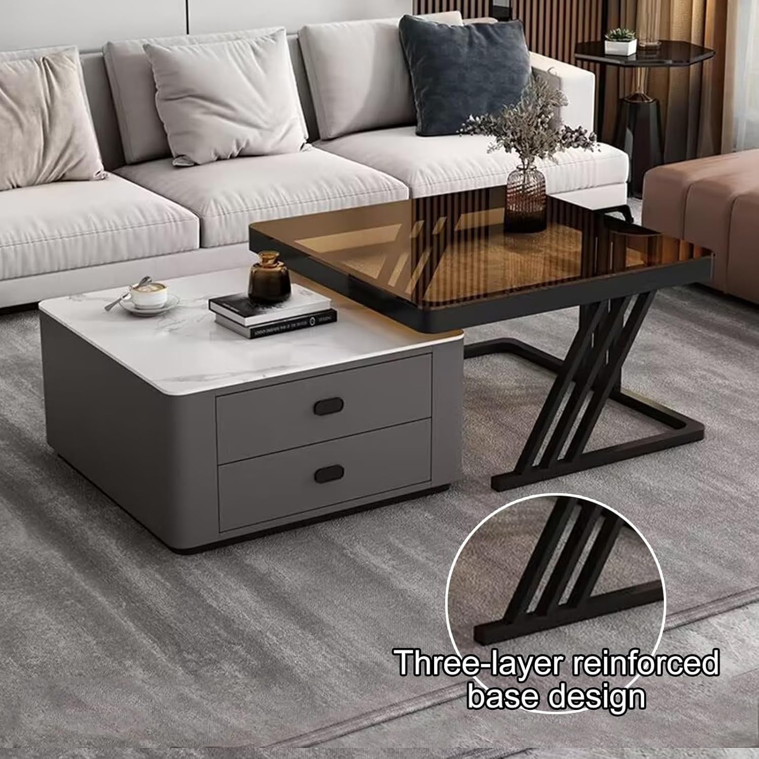Nesting Coffee Table Set 2pc Modern Marble Top Side End Tables Living Room