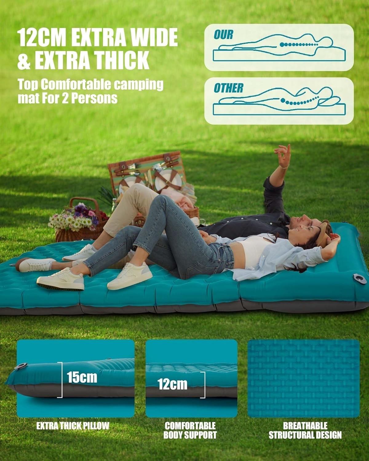 Double Self-Inflating Camping Mattress 12CM Thick Portable Outdoor