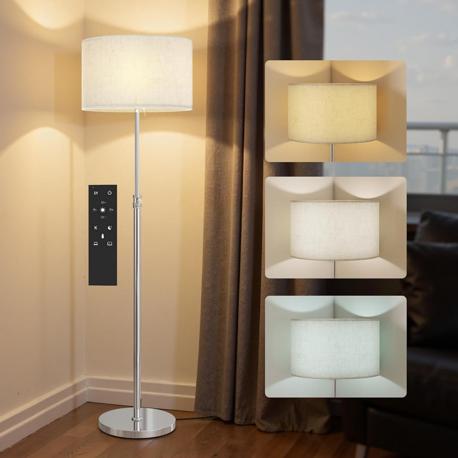 Dimmable Floor Lamp with Remote Height Adjustable Linen Shade Standing Light