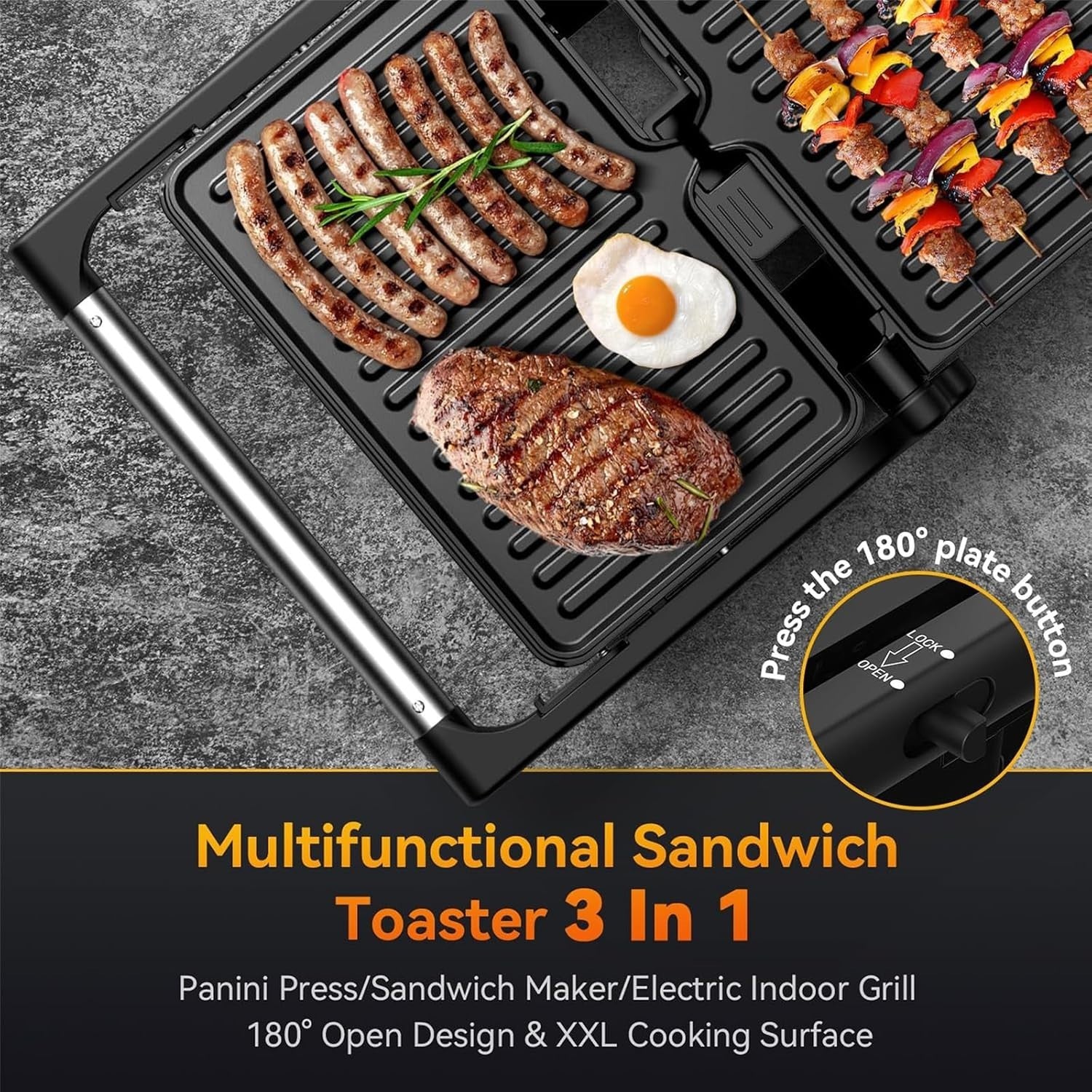 2 Slice Panini Press 1500W XXL Non Stick 28cm Silver