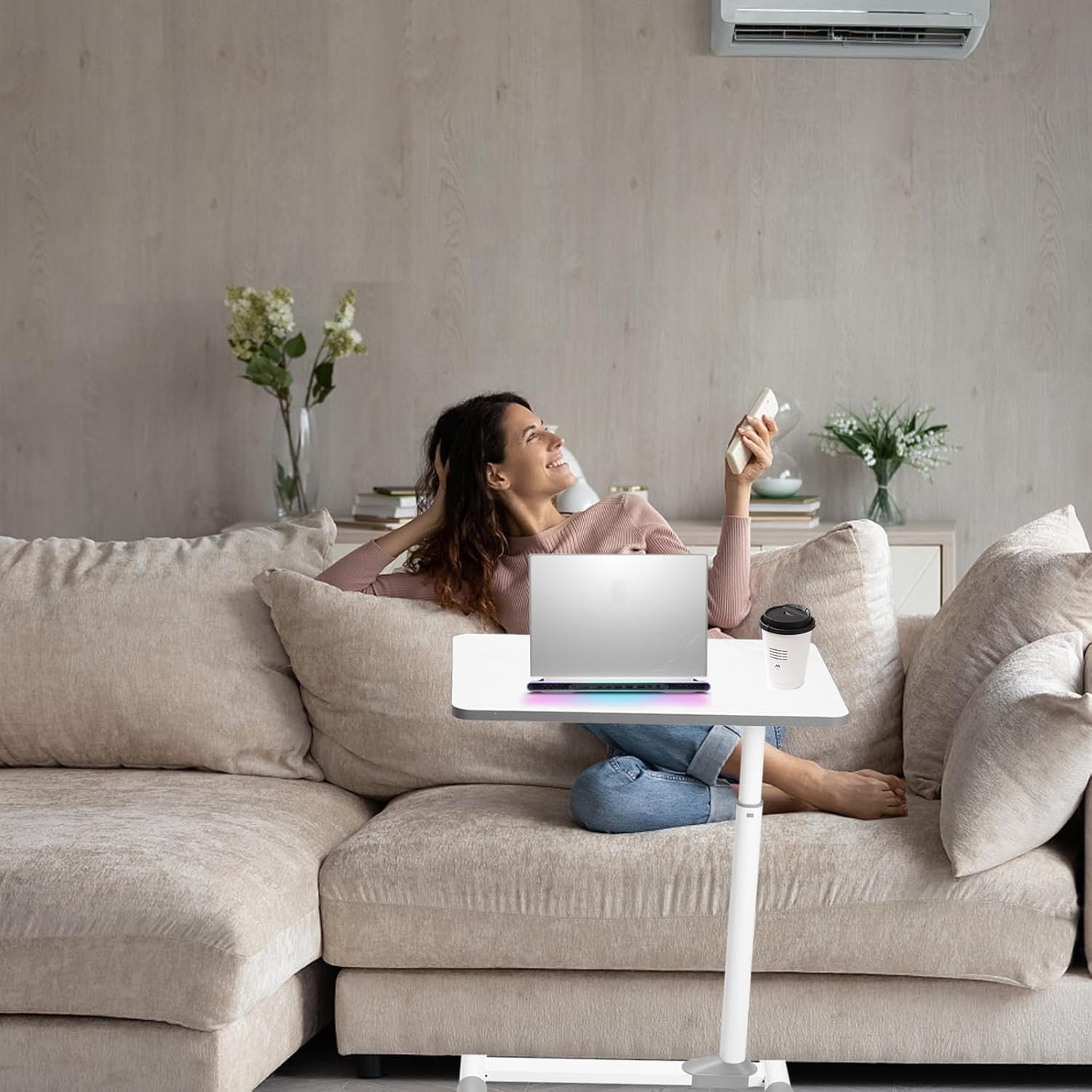 Marble Overbed Table with Wheels Adjustable Hospital Bedside Laptop Desk