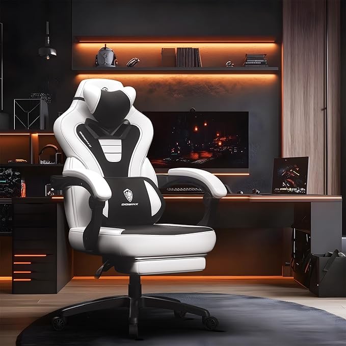 Dowinx Gaming Chair w/ Footrest Heavy Duty White PU Massage