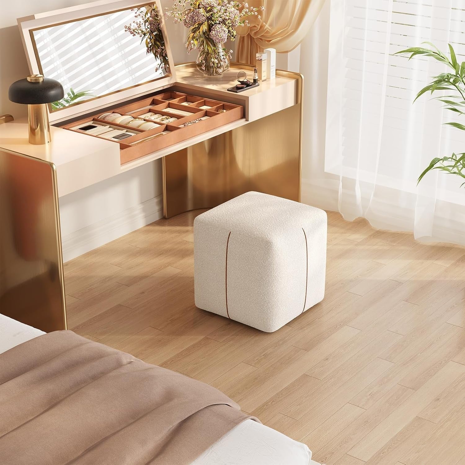 Beige Square Vanity Stool – Soft Fabric Ottoman Seat for Bedroom & Living Room