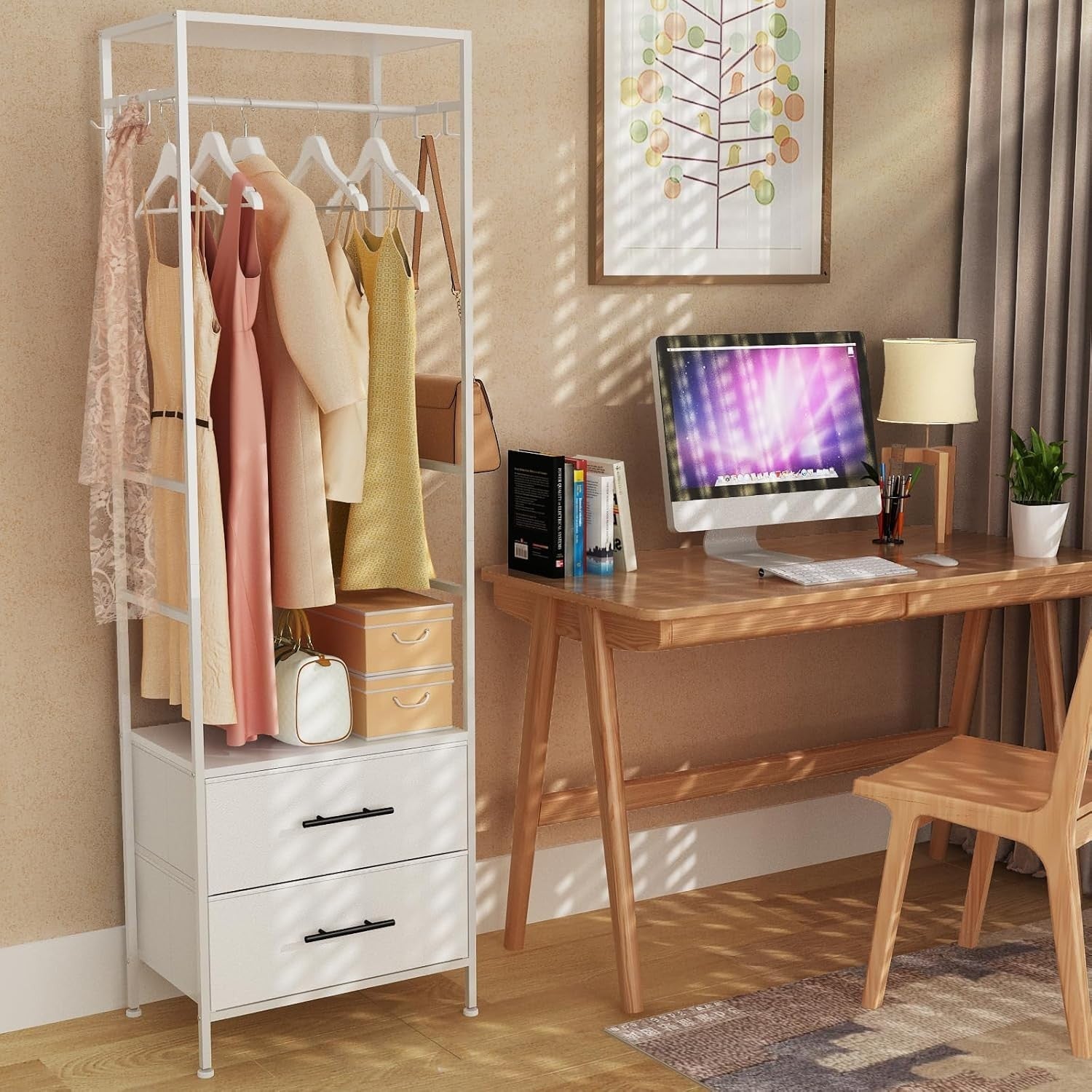 Open Wardrobe Clothes Rail 2 Drawers with Hooks White