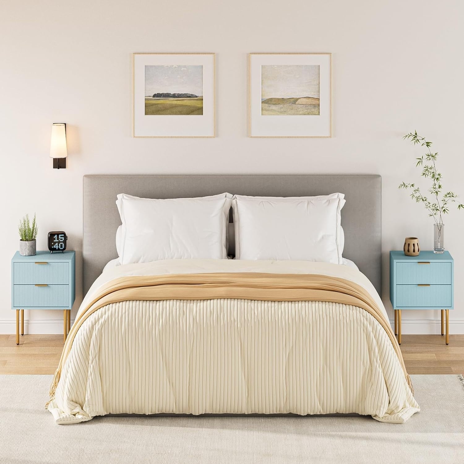 Blue Bedside Table with 2 Drawers & Gold Legs | Modern Nightstand