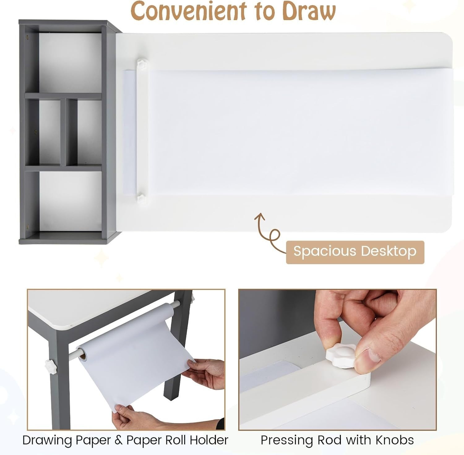 Kids Art Table & Chair Set Grey – Paper Roll + Storage Bins Craft Desk