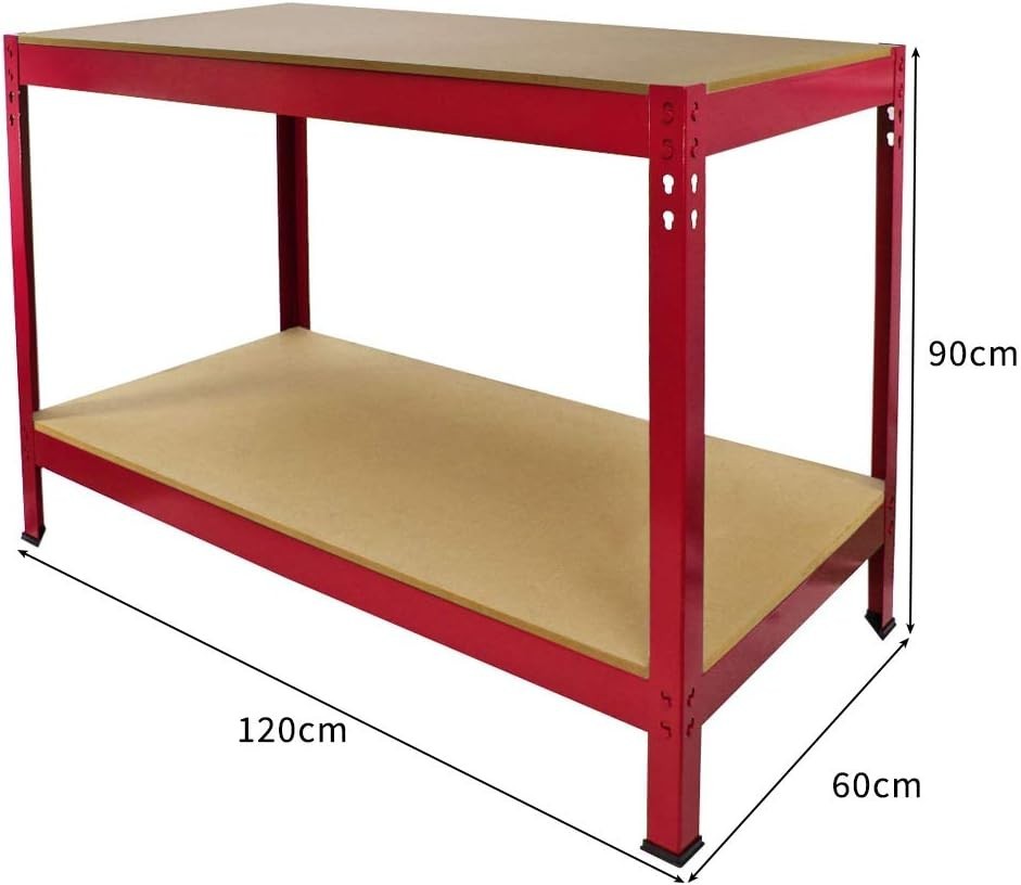 Heavy Duty Garage Workbench 120x60cm Red Steel Frame with 2 MDF Shelves