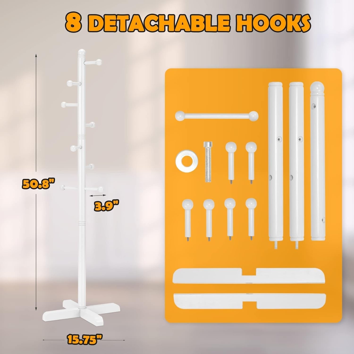 Kids White Wooden Coat Rack | 8 Hooks Adjustable Freestanding Tree Stand