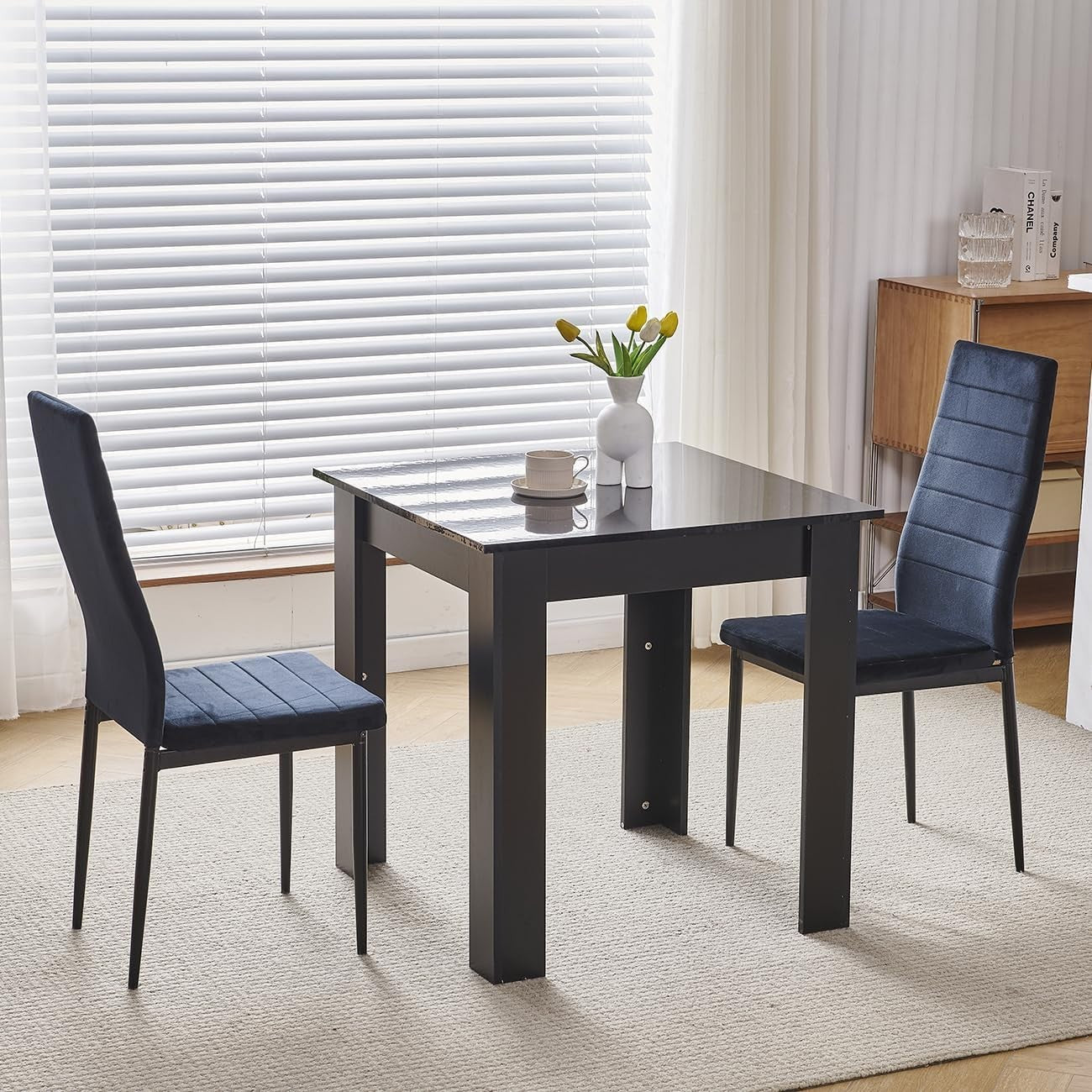 2 Seater Dining Table Set for Small Spaces – Square Table & Velvet Chairs
