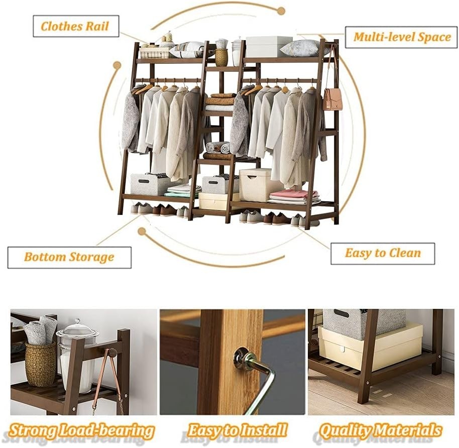Bamboo Clothes Rail Double Hanging Rack with 8 Shelves 150cm
