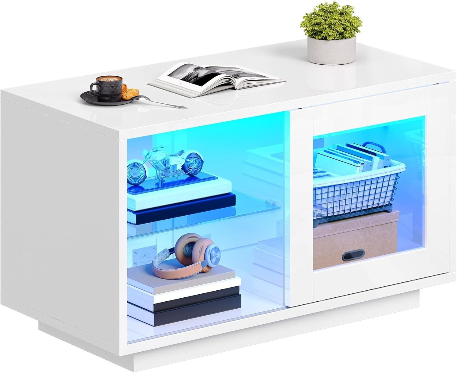 Modern White LED Coffee Table with Adjustable Glass Shelves 80x40x45cm