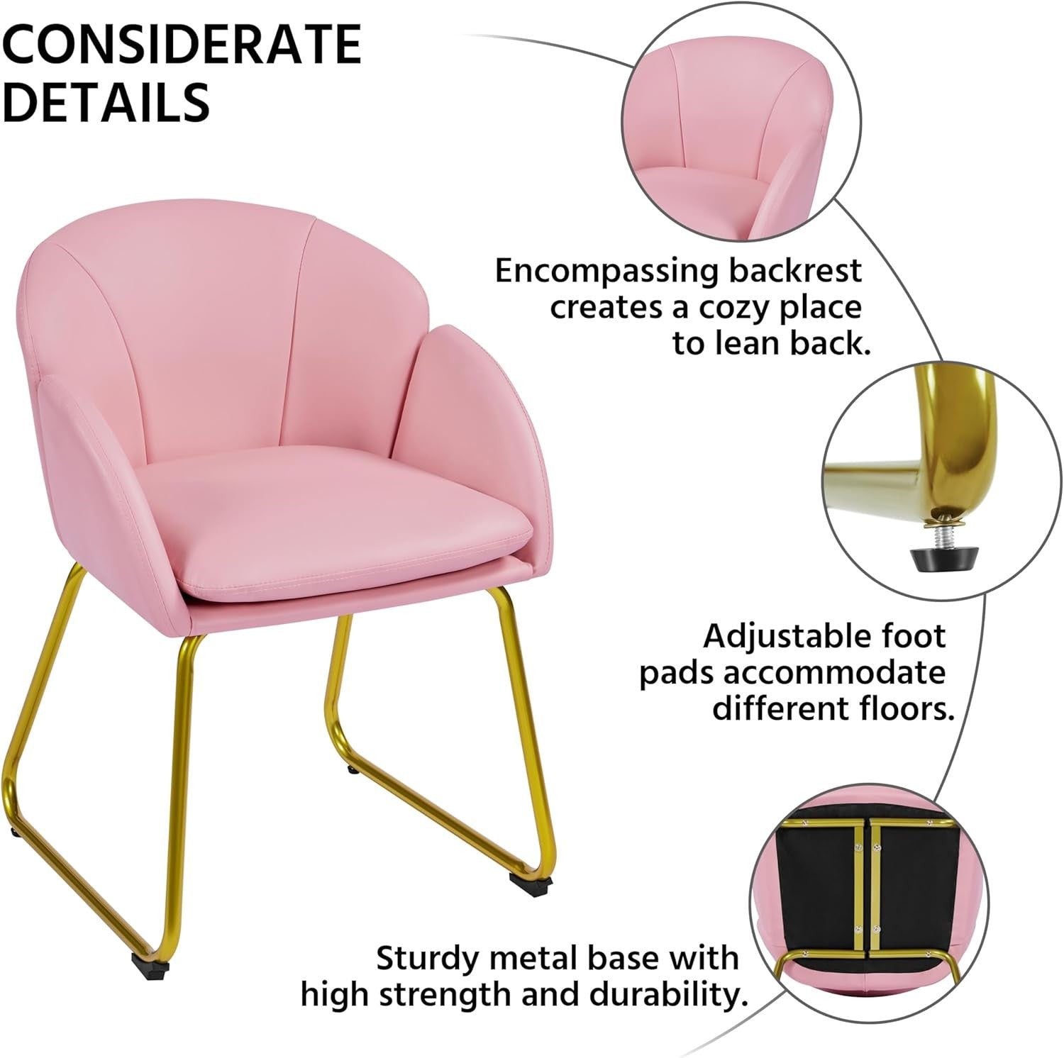 Pink PU Leather Vanity Accent Chair Gold Metal Legs Modern Tub Seat