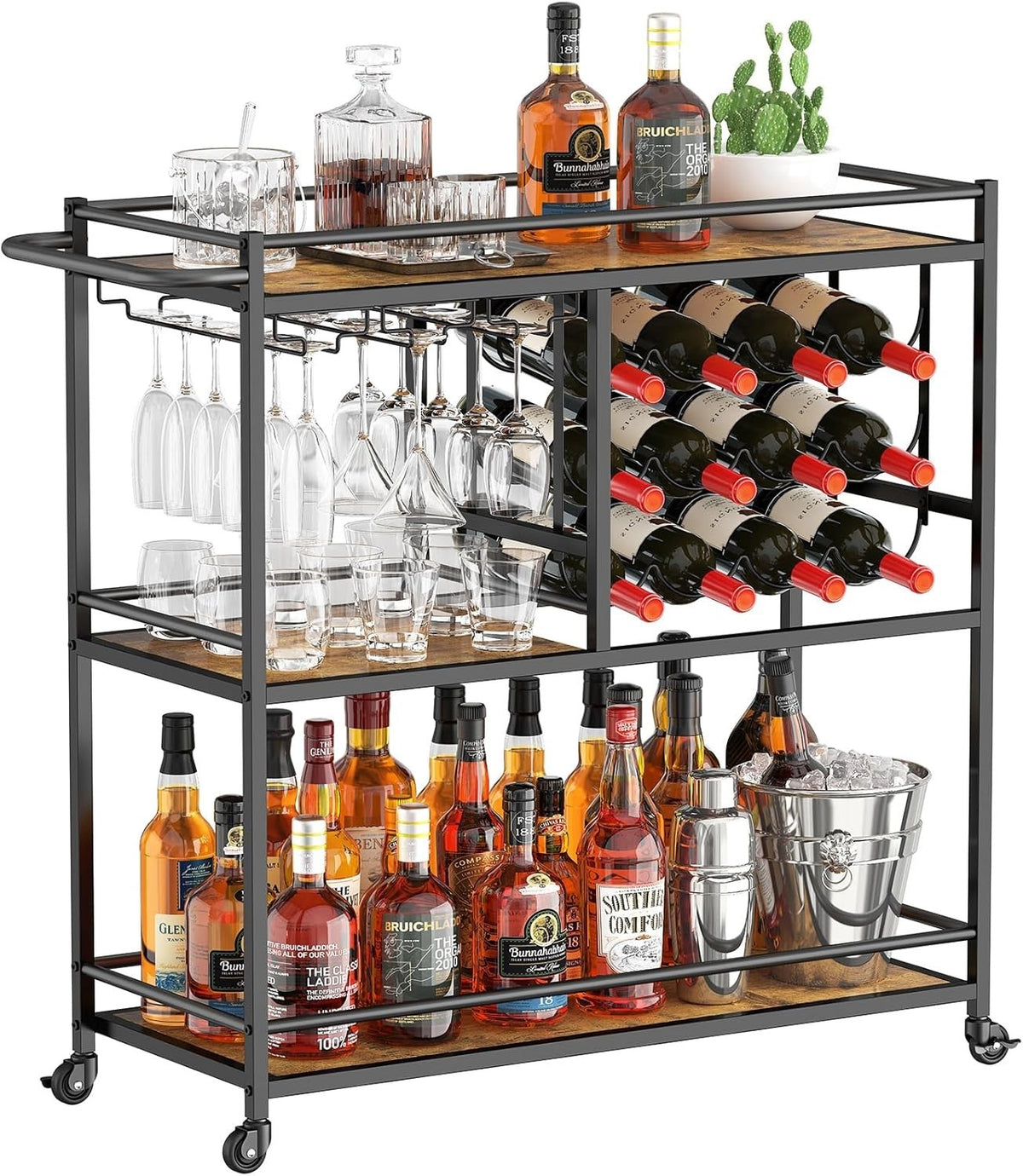 3 Tier Bar Cart Drinks Trolley with Wine Rack & Glass Holder Rustic Serving Unit