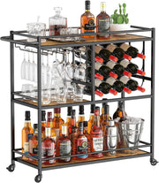 3 Tier Bar Cart Drinks Trolley with Wine Rack & Glass Holder Rustic Serving Unit