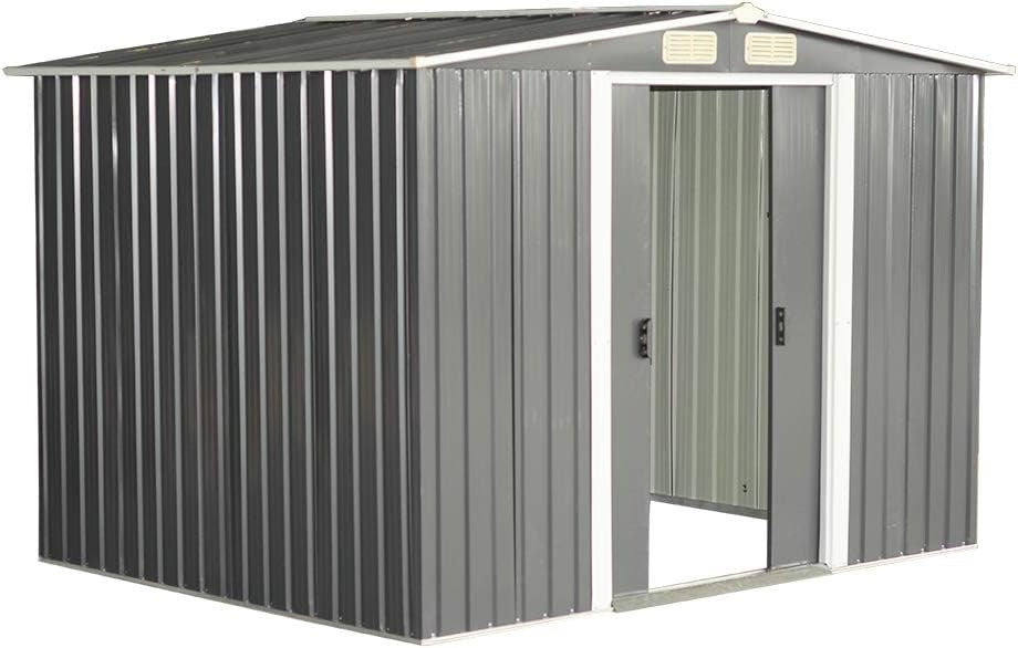 8x6FT Metal Garden Shed Outdoor Storage with Apex Roof & Lockable Double Doors