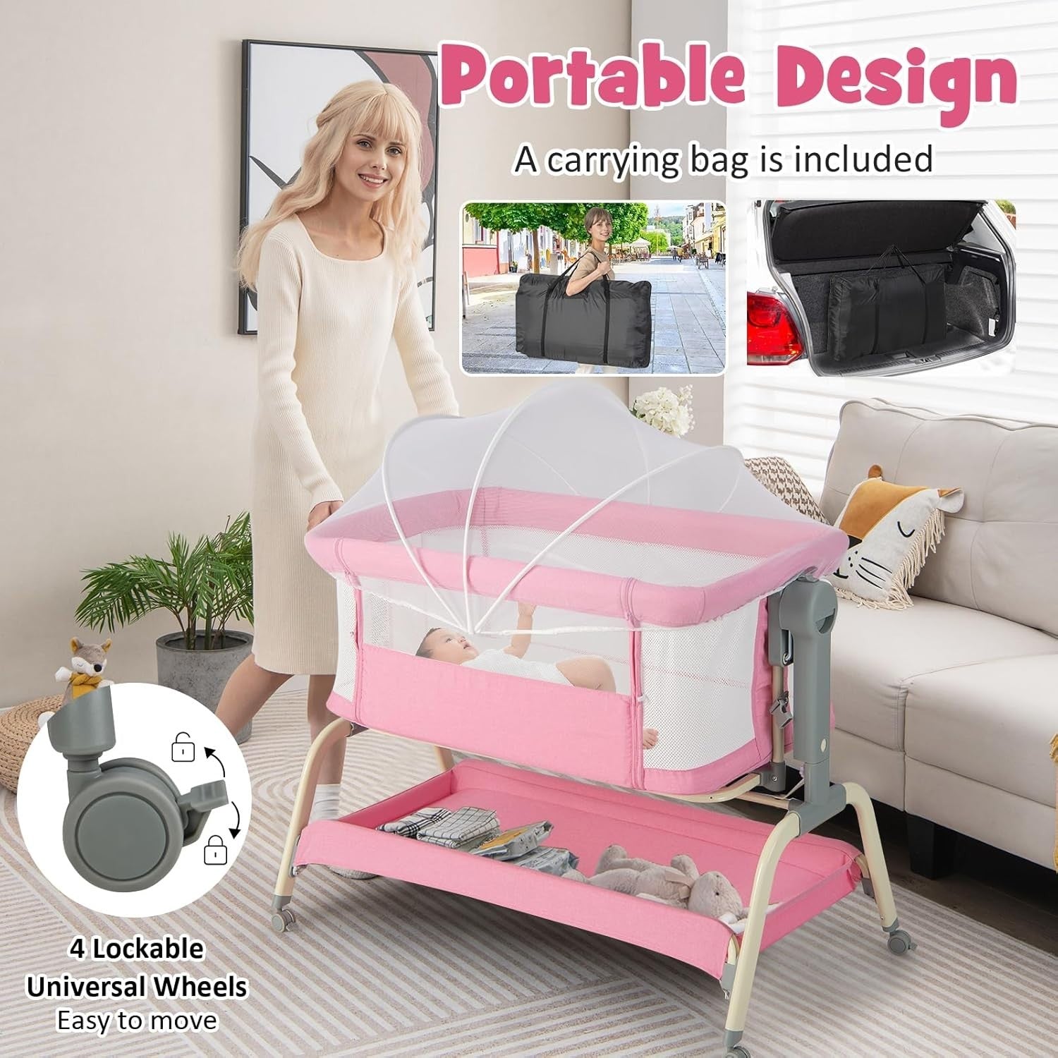 4in1 Baby Bedside Crib Adjustable Rocking Bassinet with Mattress & Storage Pink