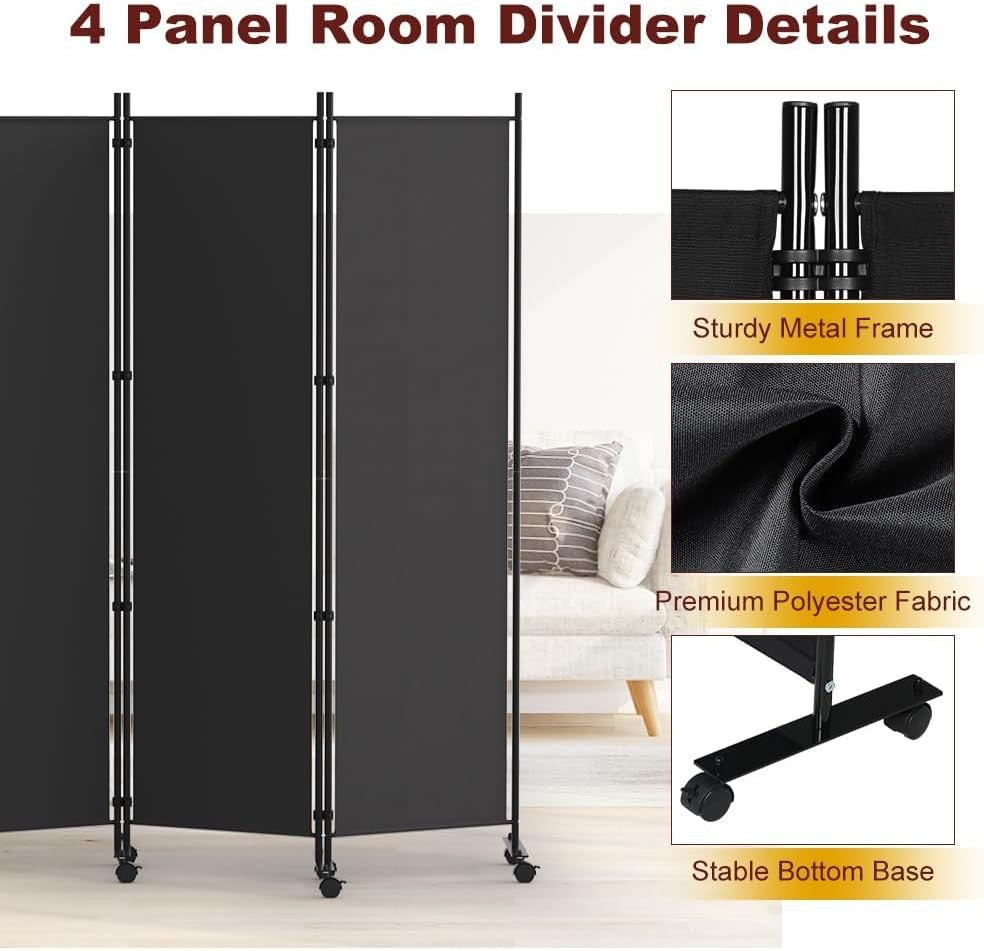 4 Panel Folding Room Divider Freestanding Privacy Screen with Lockable Wheels Bl