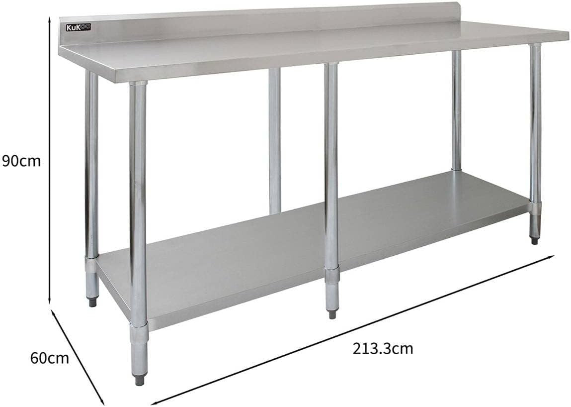 7FT Stainless Steel Kitchen Prep Table 250kg Catering Bench Shelf Backsplash
