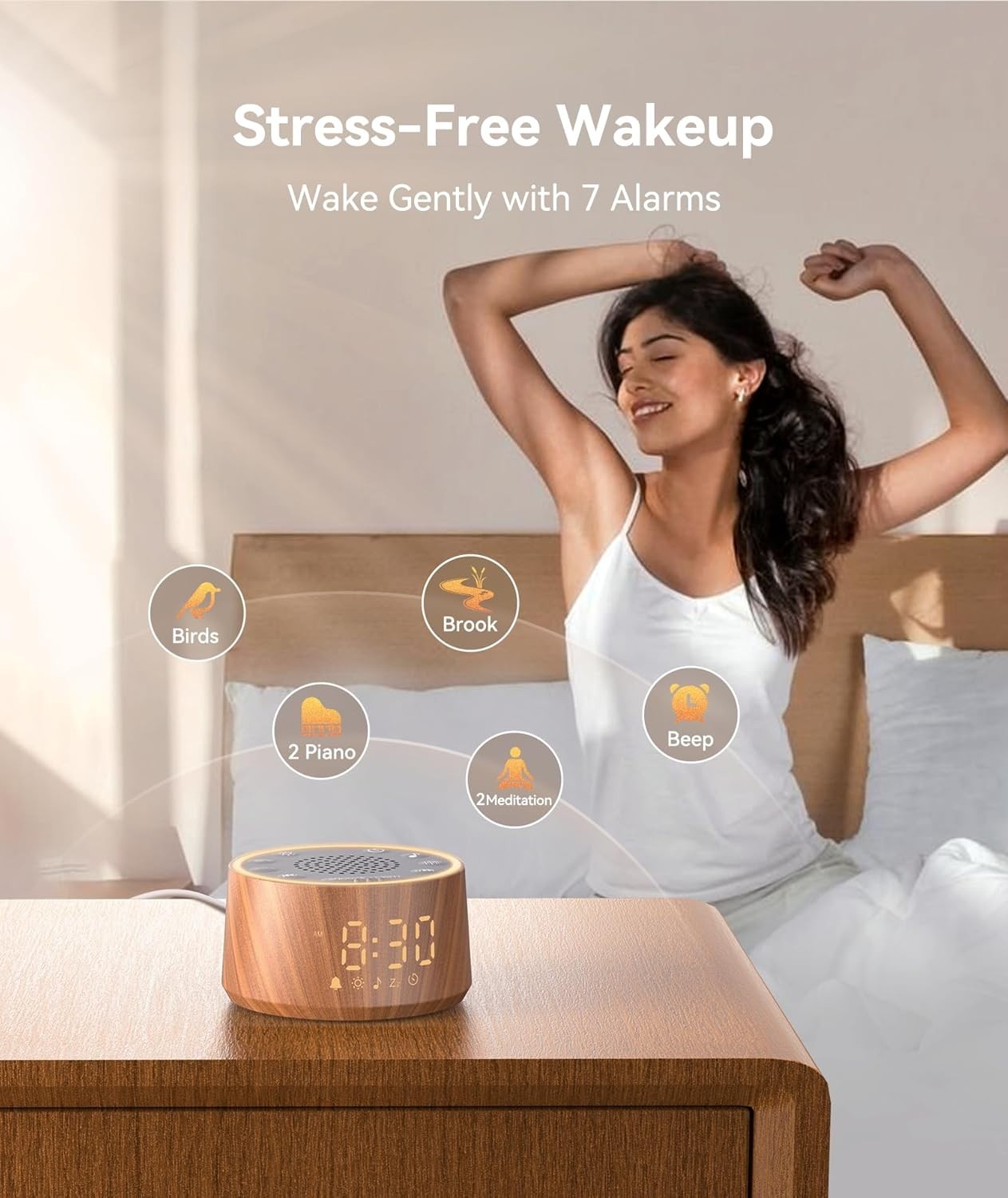 Baby Wood Grain Noise Machine with Night Light – 25 Soothing Sounds, Alarm