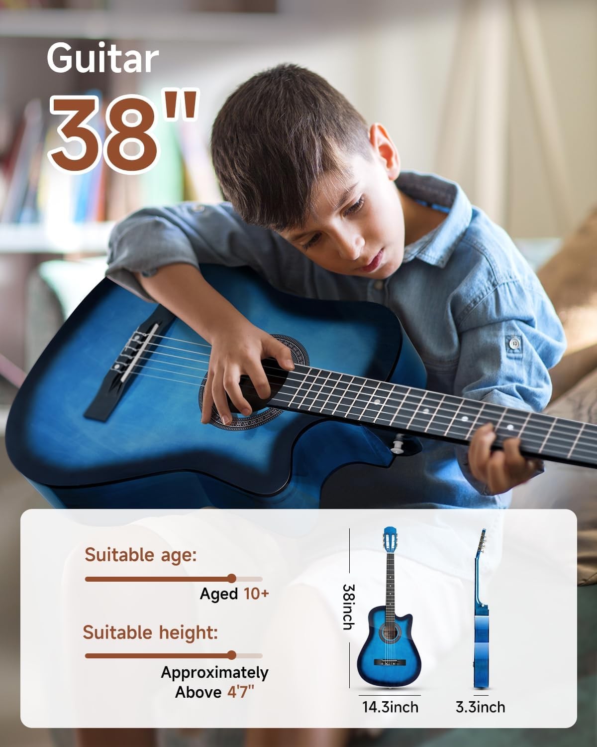 38" Blue Acoustic Guitar Kit Cutaway Nylon Strings w/ Bag & Tuner