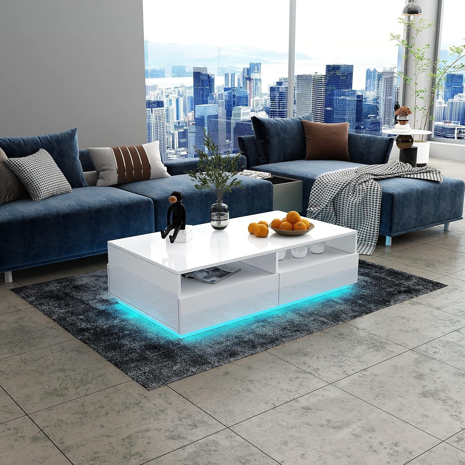 White Gloss Coffee Table with 4 Drawers & LED Lights Modern 85x55x35cm