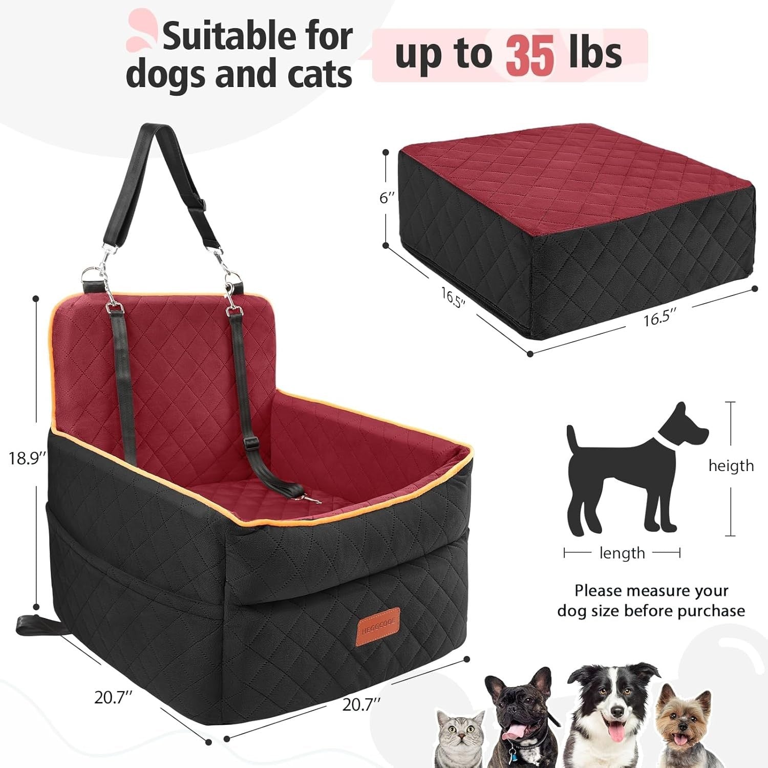 Dog Booster Car Seat Memory Foam Travel Bed Washable 2 Safety Belts