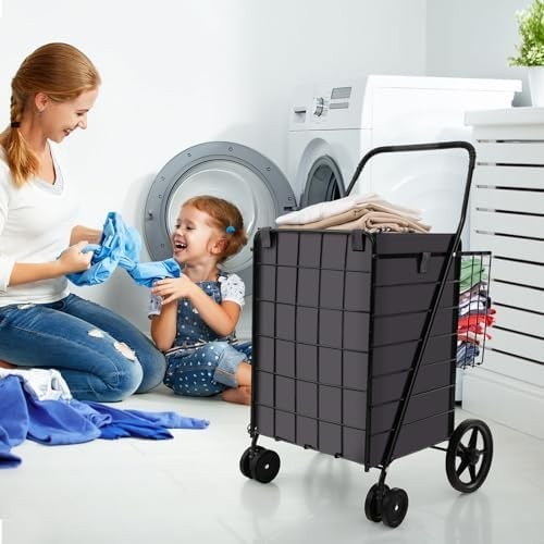 120L Folding Shopping Trolley with 6 Wheels & Removable Liner, Portable Cart