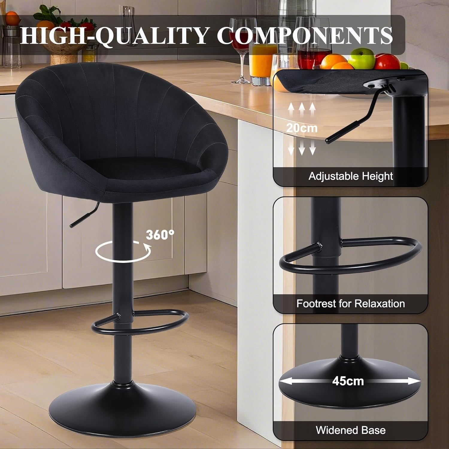 Adjustable Velvet Bar Stools Set of 2 | Black Swivel Kitchen Counter Chairs