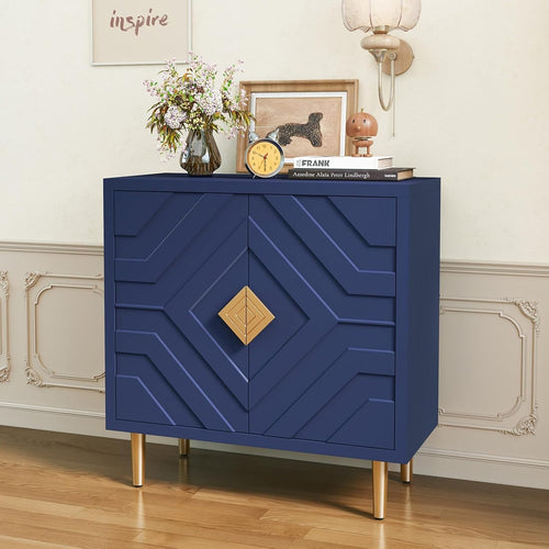 Modern 2-Door 3D Embossed Sideboard Storage Cabinet Blue with Gold Legs