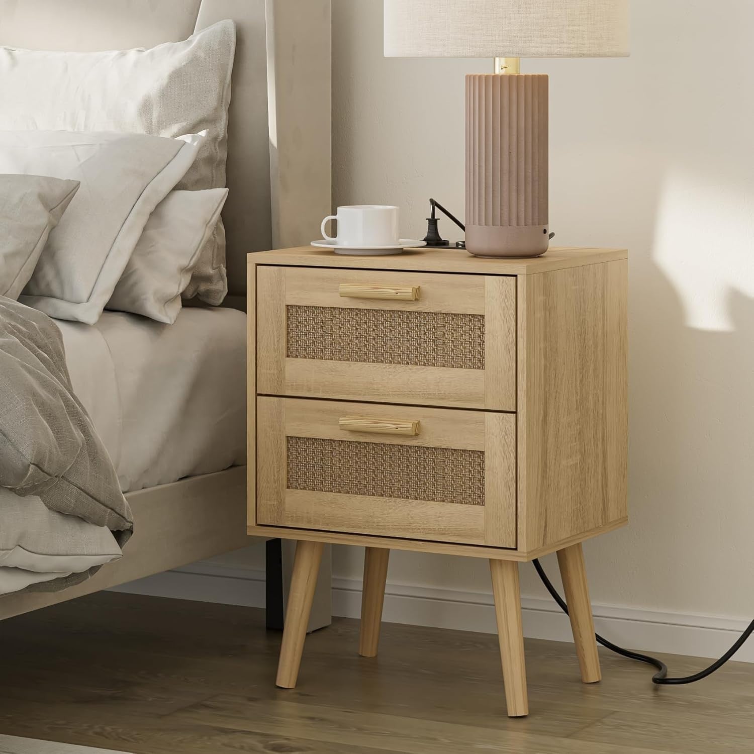 Rattan Bedside Table with 2 Drawers | Natural Wooden Nightstand for Bedroom