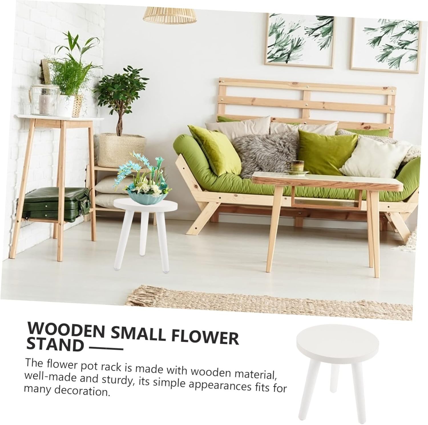 Small Round Wooden Plant Stand Minimalist White Flower Pot Holder Indoor Decor