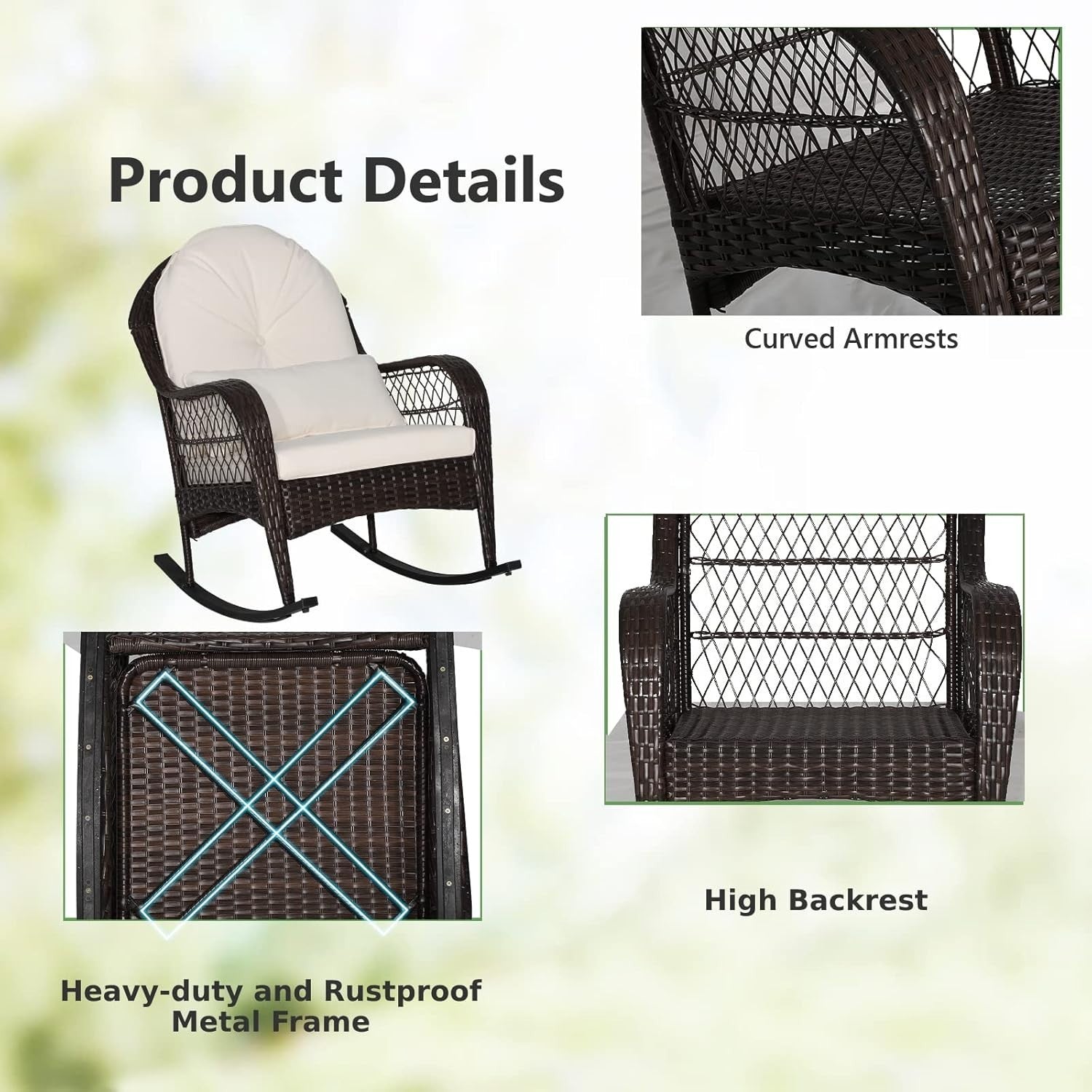 White Rattan Rocking Chair Cushioned Patio Garden Porch Outdoor Relax Armchair