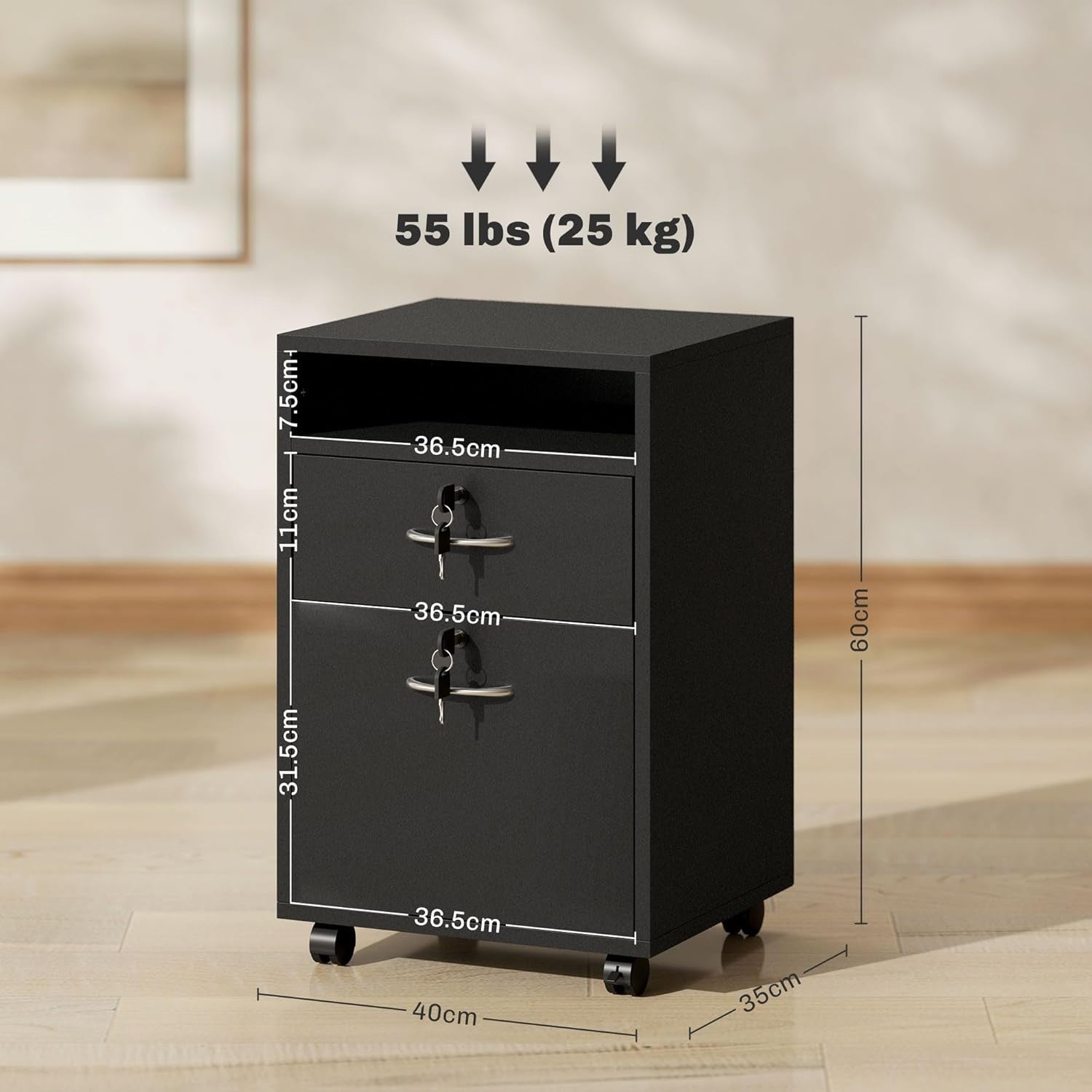 Black Mobile Filing Cabinet with Lockable Drawer & Wheels for Home Office