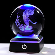 8cm 3D Crystal Tiger Globe LED Light Base Animal Ornament Gift Home Decor
